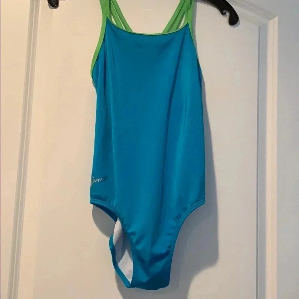 SPEEDO Girls Racerback Swimsuit Blue Metallic One-Piece